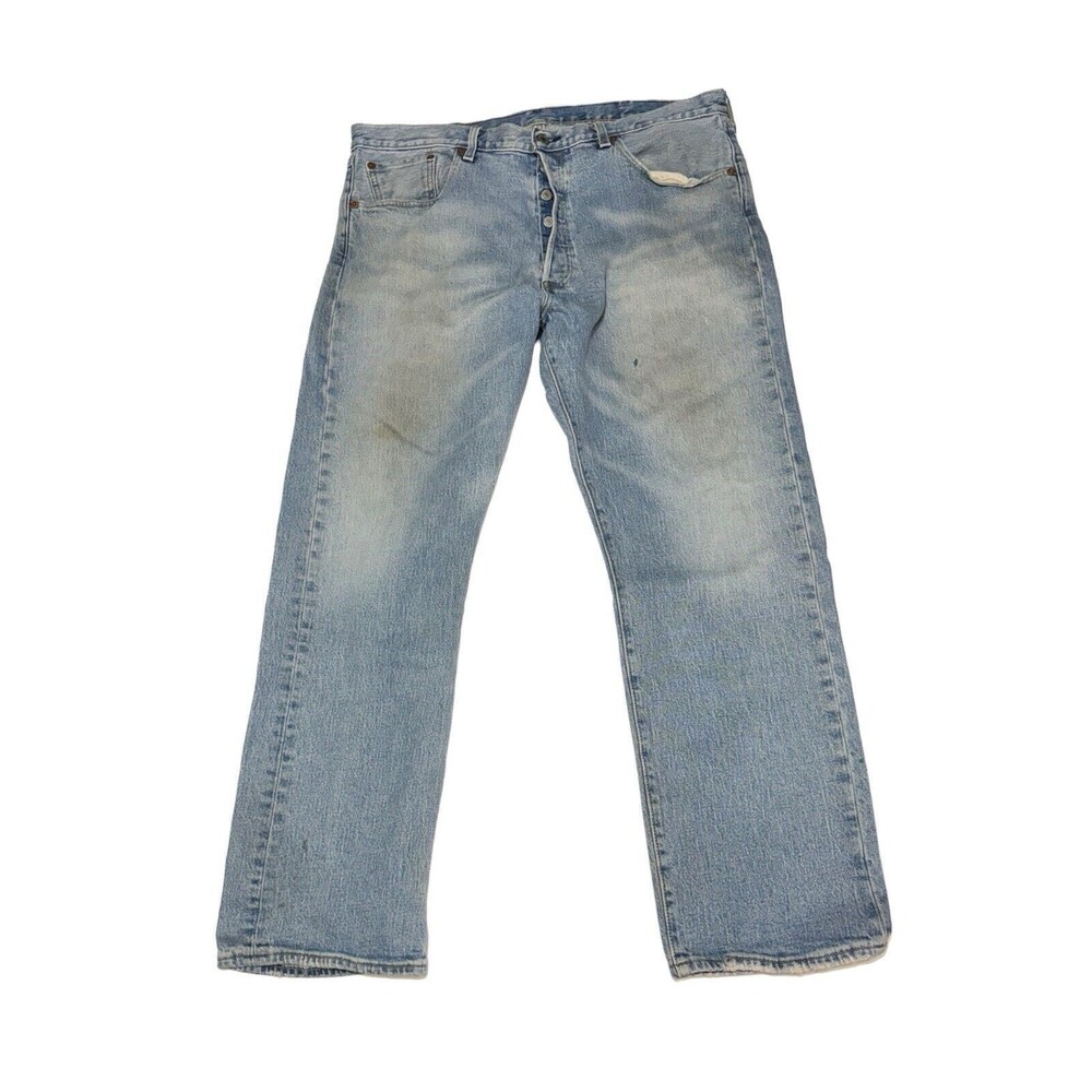 LEVI'S 501 Men’s Waterless Button Fly Faded Blue Denim Jeans 38x30 Cowboy Stains